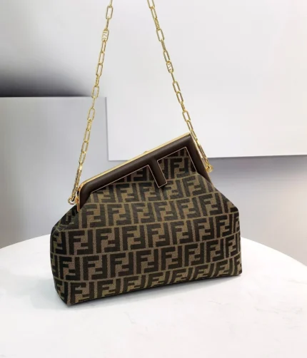 Fendi Shiny Nappa Medium Zucca Pattern Gold Chain Bag
