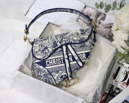 Dior Blue and White Oblique Jacquard Mini Saddle Bag