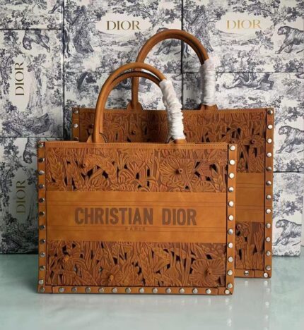 Christian Dior Laser Cut Studded Book Tote Brown Bag