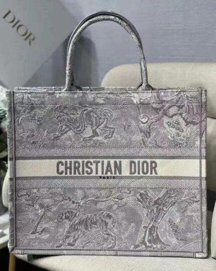 Christian Dior Book Tote Ecru & Grey Oblique Embroidery