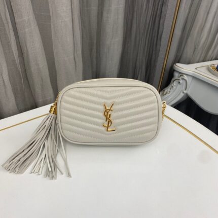 YSL Lou Mini Bag White In Quilted Grain De Poudre With Gold Hardware