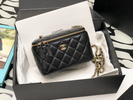 Black Quilted Lambskin Camellia Crush Long Vanity Case Gold Hardware