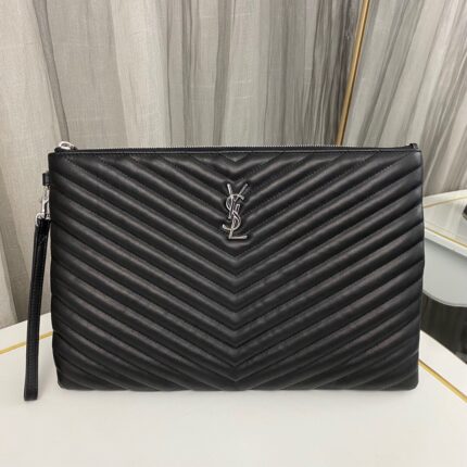 YSL Women Monogram Tablet Pouch in Matelasse Leather-Black Silver