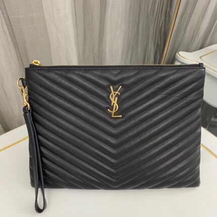 YSL Women Monogram Tablet Pouch In Matelasse Leather-Black Gold