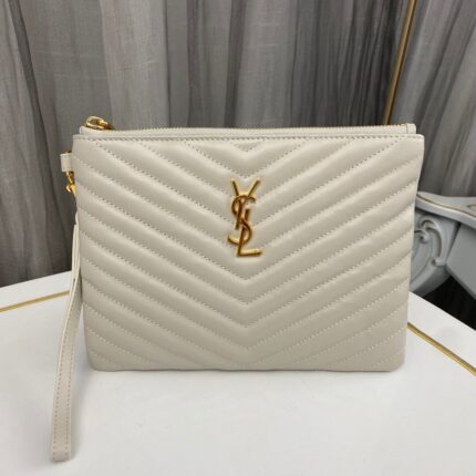 YSL Cassandre Zipped Pouch in Cream Grained Leather