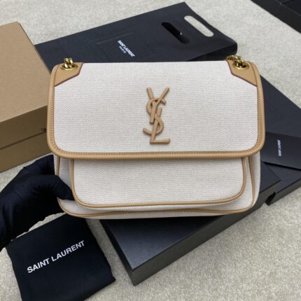 YSL Niki Beige Canvas Brown Leather Trim Logo Flap Chain Bag