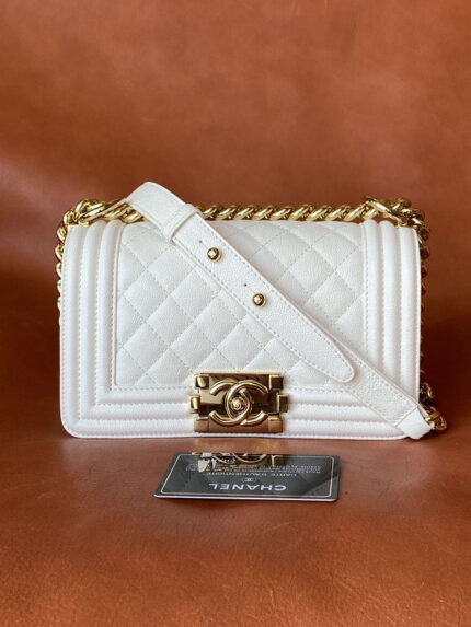 Chanel Beige Quilted Caviar Old Medium Boy Bag