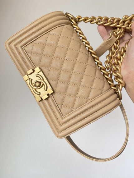 Beige Quilted Caviar Old Medium Boy Bag