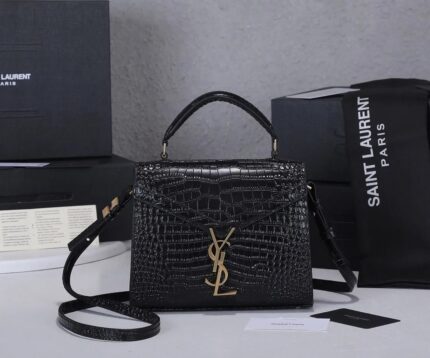 Saint Laurent Crocodile-Embossed Mini Cassandra Top Handle Bag