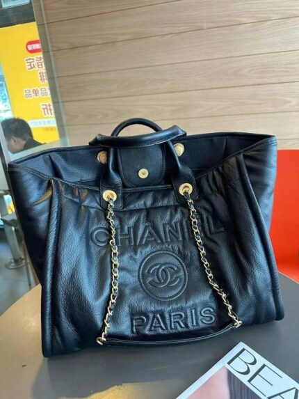 Chanel Calfskin & Gold-Tone Chain Logo Metal Black Small Tote Bag