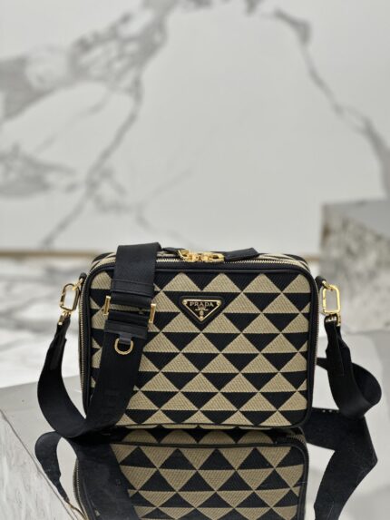 Prada Black/Beige Canvas Symbole Embroidered Fabric Bag