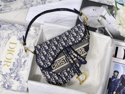Dior Oblique Jacquard Dark Blue Mini Saddle Bag
