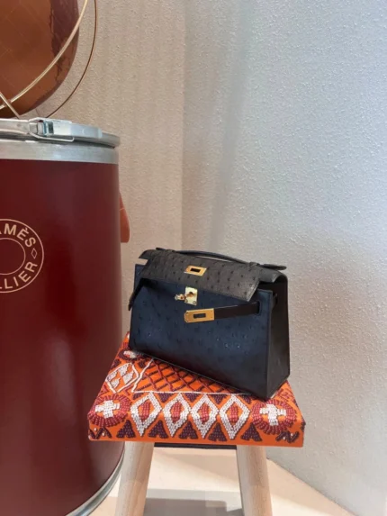 Hermes Mini Kelly Black Gold Ostrich Leather Bag