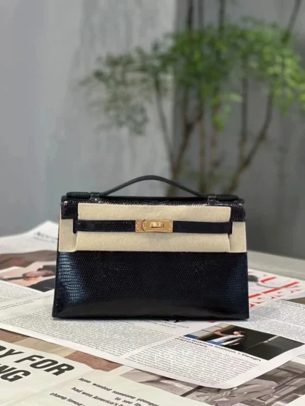 Hermes Black Gold Lizard Mini Kelly Bag